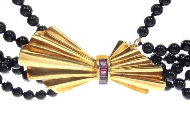 18kt gold Tiffany & Co. 6 strand choker necklace: Including: Ruby clasp & onyx bead, marked 750.