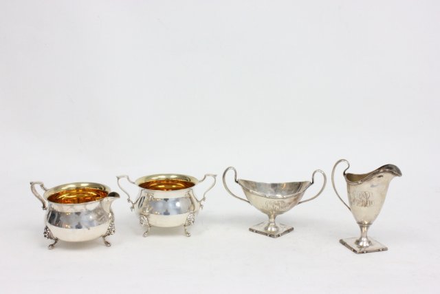 2 Sets Sterling Creamer & Sugar Bowls: 1 set Georgian by Poole and 1 set by Mauser. V. Sizes. Approx. total weight 477 grams, 15 ozt. (From the Estate of Chris Peckham)
