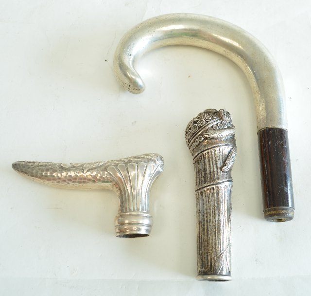 3 Sterling Silver Cane Tops: Including one repousse, one with monkey. From the estate of Chris Peckham.