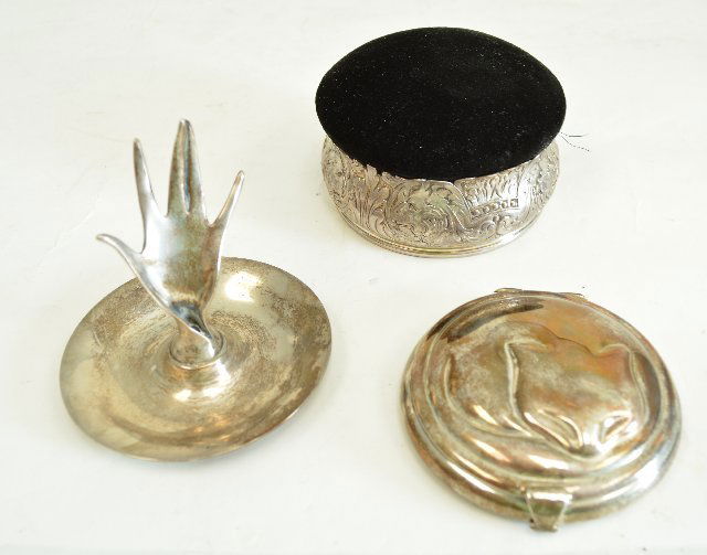 3 Sterling Silver Tiffany & Co. Items: Including ring holder, compact with cat, covered box. From the estate of Chris Peckham.