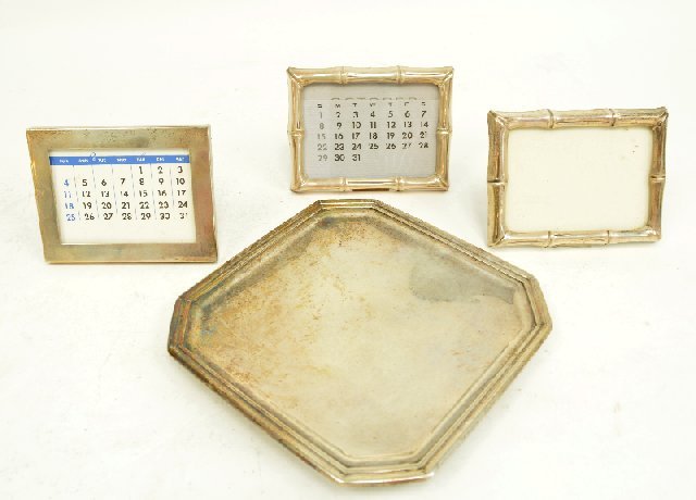 Group Lot of 4 Tiffany & Co. Sterling Silver Items: Including tray - 6" wide and 3 picture frames. Approx. 6.4 ozt. From the estate of Chris Peckham.