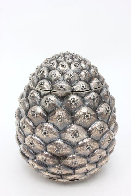 Buccellati Sterling Pine Cone Shaped Box: Covered box. Approx. 4 3/4" H, 393 grams, 12.5 ozt. From the Estate of Chris Peckham