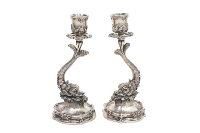 Pair of Buccellati 800 Silver Dolphin Candlesticks: Approx. 7 3/4" H, 1074" Ggrams, 34 ozt. From the Estate of Chris Peckham