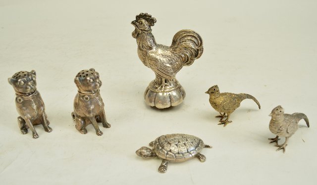 6 silver animals including: Buccellati turtle pill box, salt & pepper, Dominick and Haff dated 1870 and pair English pheasant salt and epper and alpacco rooster bottle top not silver, mouth opens to pour liquid approx 5.8 ozt wi