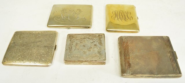 5 sterling & silver plate cases: card or cigarette cases, over 17 ozt largest 4" x 3 1/4", 1 (silver plated) depicts 3 children playing, 1 gold vermeil, 1 Kirk & son. From the Estate of Chris Peckham