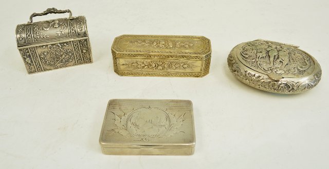 4 19th c Continental Silver Boxes: Various sizes and shapes. Continental touch marks, most probably German.From the estate of Chris Peckham.