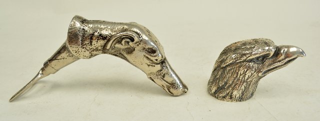 Hand hammered silver plated figural bottle openers: Greyhound and eagle From the Estate of Chris Peckham