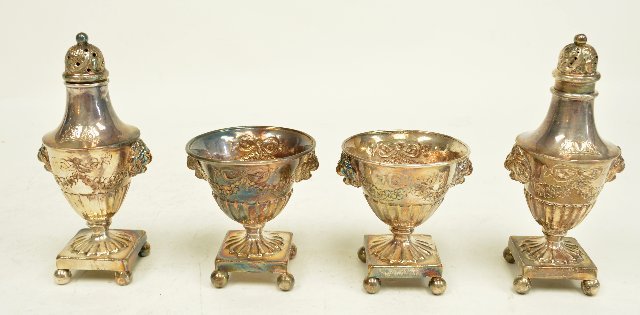 Pair salt and pepper and pair salt cellars: Unmarked but tests for silver. Approx. 11 ozt. From the estate of Chris Peckham