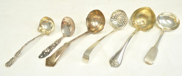 6 Assorted silver ladles: Peter and Alice Bateman, possibly Whitney and Hoyt, American Largest approx. 6" L. Total approx. 8.5 ozt. From the estate of Chris Peckham.