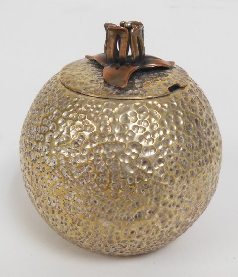 Silver plate & mixed metal "pomegranate" jar: With lid. Los Castillo; Taxco, Mexico. Approx. 3.5" H, From the estate of Chris Peckham