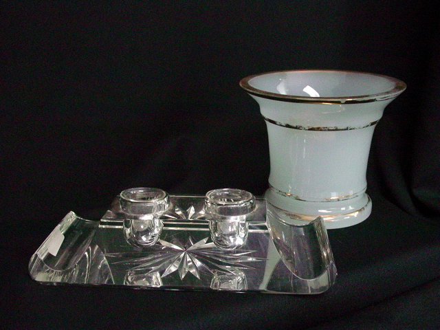 Crystal Double Inkwell and Opaline Vase: Small flakes on vase. Vase approx. 5" high. From the Estate of Chris Peckham
