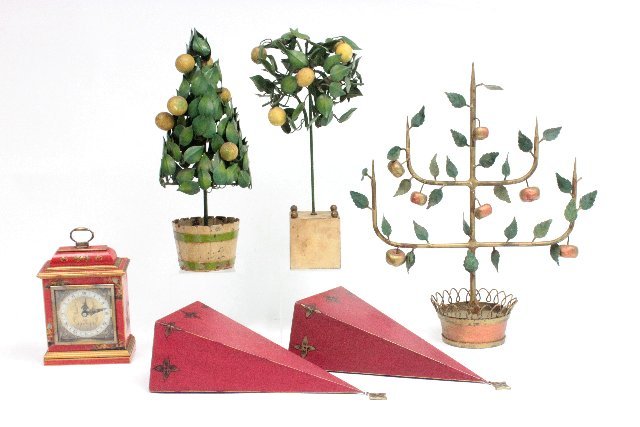 Assorted metal pieces: Including 3 - gilt metal trees, approx. 18" - 19" H. 1 - Pair of red Tole sconces. and 1 - Red Chinoiserie Elliott, London clock, missing ball feet. From the estate of Chris Peckham.