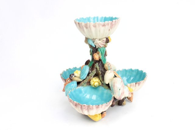 19thc majolica seashell condiment: with registry mark, 8"H From the estate of Chris Peckham