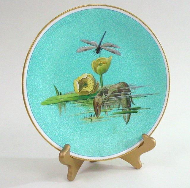 Minton's enameled plate: Lobster, flowers, dragonfly age crack enverso-9 7/8"D From the estate of Chris Peckham