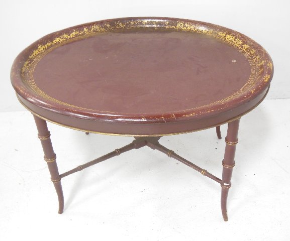 19th c. Victorian papier mache tray on stand: Approx. 20.25" H x 31.5" W. Gilding worn. Some marks and scratches.