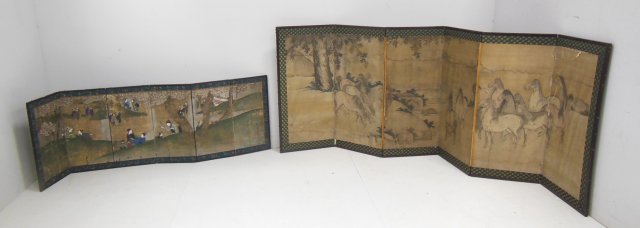 Two Asian paper and lacquered table screens: The largest 41"H x 18"W (each panel) stained and some rips From the estate of Chris Peckham