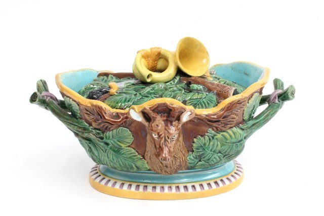 Majolica "game" covered casserole: Approx. 14" x 8 1/2" x 6 1/4". From the Estate of Chris Peckham