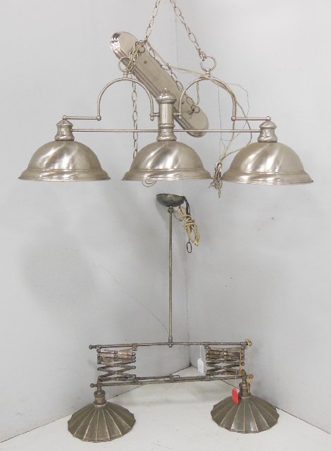 2- Industrial billiard ceiling lights: 1- 3 light, approx. 38" across x 28" H. 1- 2 light, adjustable height.