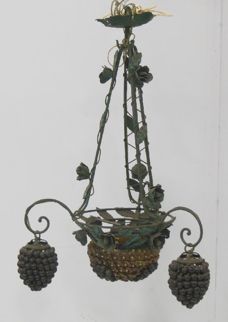 Wrought iron & glass 4 light fixture: With 3 "Clusters of Grapes". Approx. 29" H x 22" across.