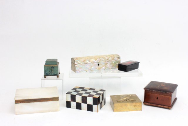 6 Boxes and Inkwell: Russian lacquer box-girl watering plants, French giltwood box-gentleman, Mother of pearl glove box, brass box depicting a bird and tole inkwell, various sizes, alabaster box 1/2" x 4 3/4" x 3"H From t