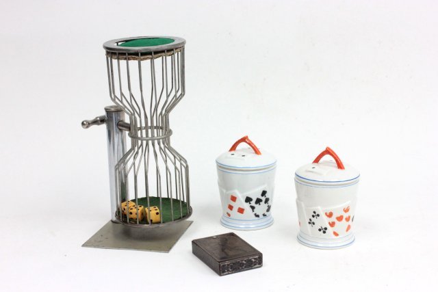 Mid-century dice game with 2 covered jars: Together with nude playing cards in exotic metal case. Jars are approx. 5" high. From the estate of Chris Peckham