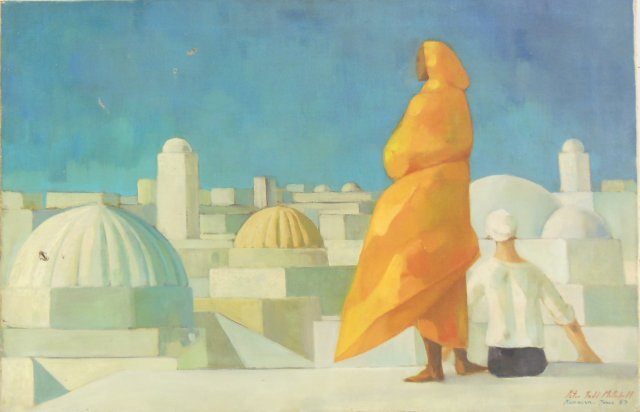 Peter Todd Mitchell oil on canvas: Depicting "Tunisian Cityscape". Signed lower right "Kairouan-Tunis, 1963". Peter Todd Mitchell (1924 - 1988). Approx. 21" x 32". From the estate of Chris Peckham.