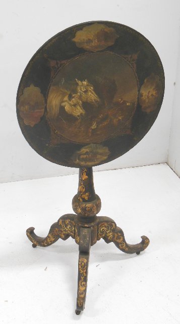 19th c. Victorian polychromed tilt top table: Decorated with horses. Approx. 28" H x 19.5" diam. Gilding worn. Support cracked at base. From the estate of Chris Peckham.