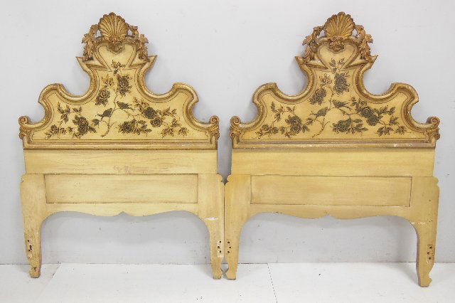 Pair Venetian Cream & Gold Decorated Headboards: Approx. 57" high, 42" wide. From the Estate of Chris Peckham