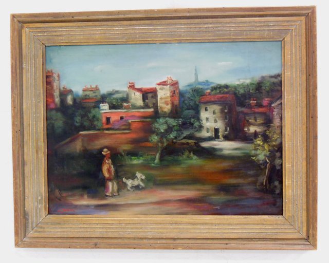 Oil on canvas signed J. Zucker: Town landscape with male figure walking dog. Jacques Zucker (1900-1981) Post impressionist. Born in Poland lived in France/USA. Worked with Chaim Soutine. 21" x 28" without frame. 28" x 35" with frame