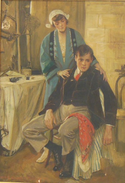 Lucias Wolcott Hitchcock oil painting: "Mother & Son", on canvas, paint loss upper left & repairs, gilt frame. Image approx. 16" x 28", 32" x 24" with frame.