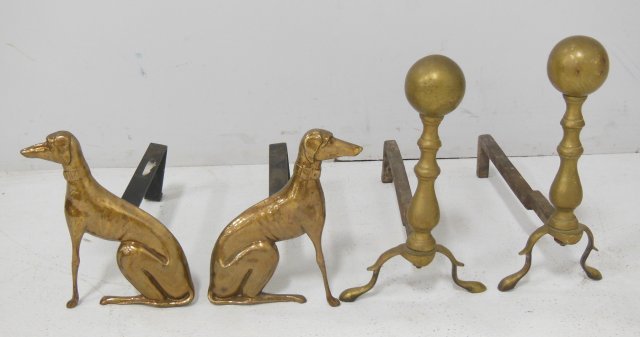 Pair of brass whippet & federal andirons: Whippet form andirons measure 10 1/4"H slightly worn From the estate of Chris Peckham