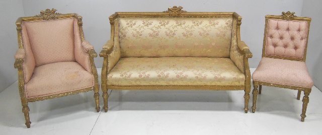 3 piece paint decorated Victorian parlor set: 1 Loveseat & 2 chairs. Approx. 53.5" x 37" H x 23" D & 26" x 37.5" chairs. From Brooklyn, NY estate.
