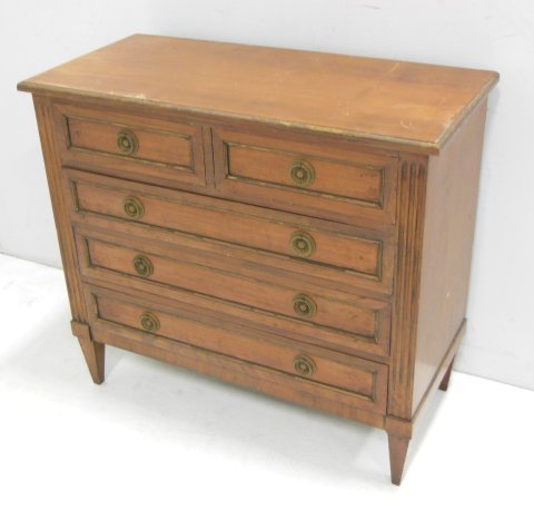 Neo-classic style brass mounted commode: Approx. 31.25" H x 34.25" W x 16.25" D. Scratched and stained. From the estate of Chris Peckham.
