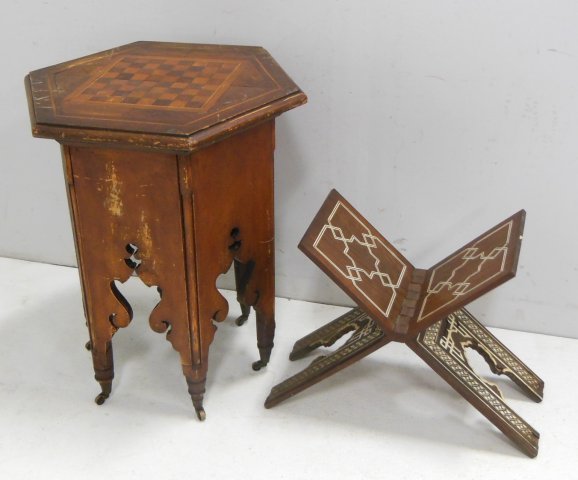 Moorish stained octagonal games table & bookstand: Table approx. 27" H x 21" W. 1 - Moorish bone inlaid bookstand. Finsih worn throughout. From the estate of Chris Peckham.