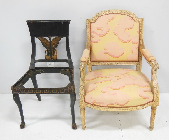 2 painted chairs: Including 1 - Louis XVI style cream painted fauteuil, approx. 37.5" H x 24" W x 26.5" D. And 1 - Black painted chair, swan motif. Paint chipped. Missing 1 seat. Upholstery dirty. From the estate of Ch