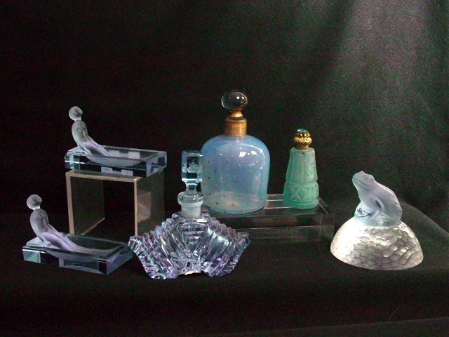 Aqua blue perfume bottle collection: Approx. 6 pieces, including 2 perfume bottles, 2 ring trays, 1 frog paper weight, and 1 opaline bottle. From the estate of Anita Stern, owner of This-N-That antiques store, NYC.