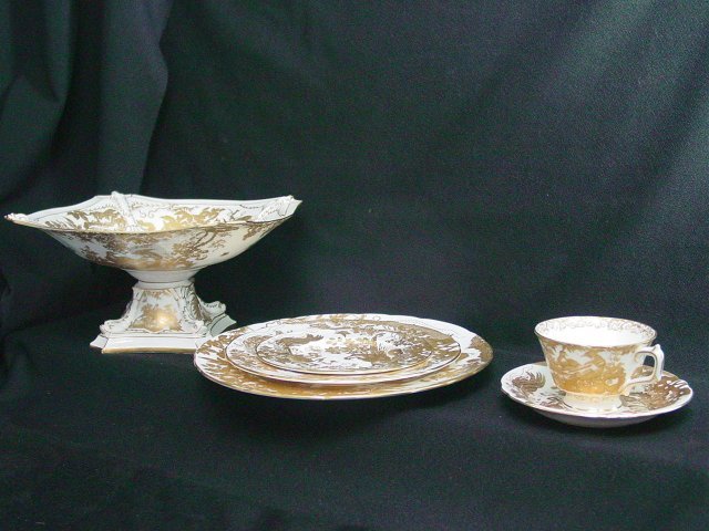 Royal Crown Derby Dinnerware-51 pieces: White/gold "Pheasant" set includes: footed bowl, 12 dinnerplates, 11 cups, 9 salad plates, 4 dessert plates, 14 saucers. From the estate of Chris Peckham