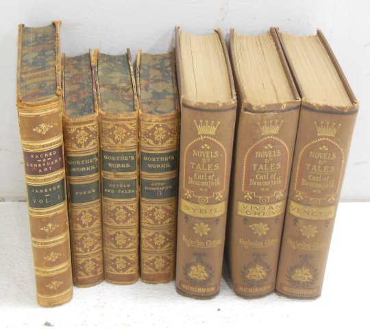 19th C. collection of books: Includes novels and tales by the Earl of Beaconsfield, 3 volumes Longmans, Green & Co- London 1881. Plus novels and tales by Goethe, 3 volumes. George Bell and Sons, London 1881 and Sacred Legendary A