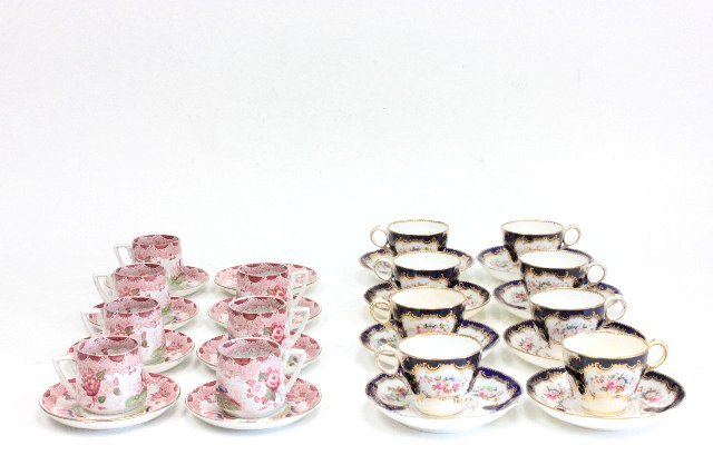 2 sets of porcelain decorated cups & saucers: 1- Set of Sarreguemines, France, plus 1 extra dish. 1- Set of 8 English, some wear. 15 pieces in total.