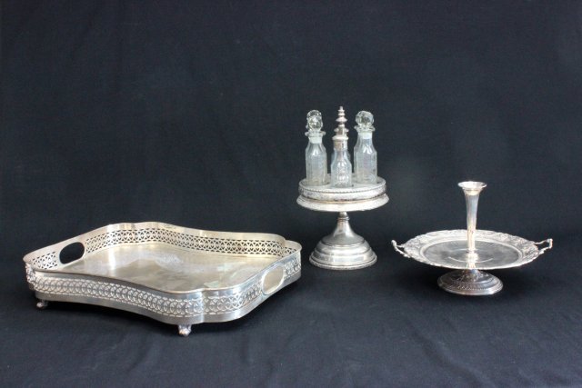 3 silver plate items: Including: Cruet missing handle, tray & epergne missing insert.