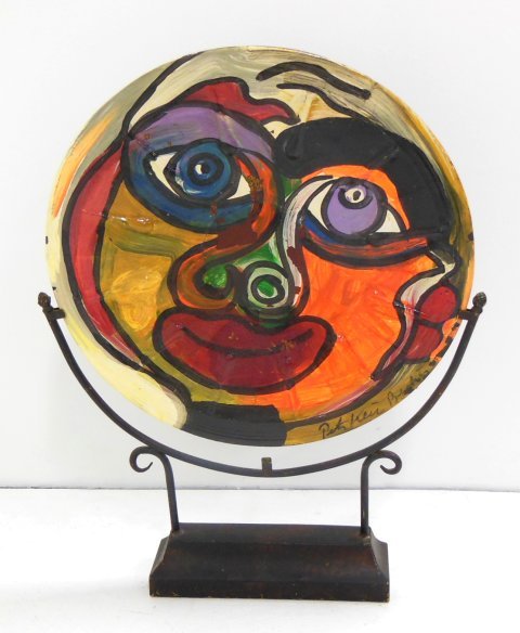 Peter Keil Painted tray on stand: chip and losses, diameter 24"
