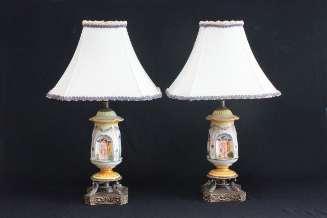 Pair of porcelain vases mounted as lamps: Possibly capodimonte. Vases with metal base: 14". Total to top 26". Good condition.
