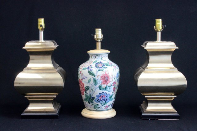 Pair brass modern lamps & odd Chinese lamp: Approx. 20" H.(From the Estate of Chris Peckham)