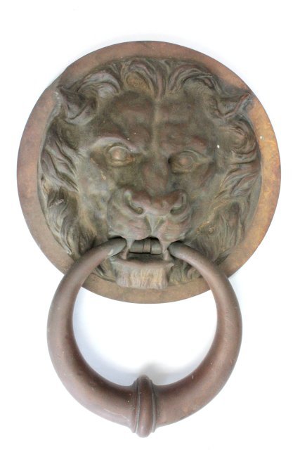 Large lion's head bronze door knocker: Face- 9 3/4", ring knocker 7 1/4". (From the Estate of Chris Peckham)