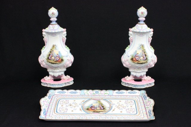 3 pieces unglazed porcelain: vanity set, scenic design tray measures 18" x 8 3/4", bottles 14 3/4"H