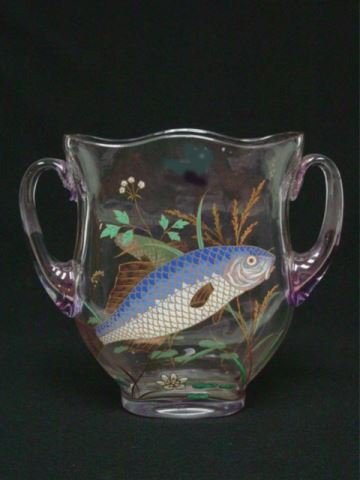 Moser glass vase: Enameled fish and plant design, loop handles, chip on one handle, 7 3/4"H From the estate of Chris Peckham