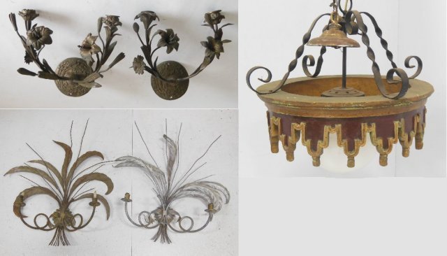 Group lot of sconces and one chandelier: 5 pieces, inlcludes: a pair of French bronze 2-light wall sconces. Modelled as lillies. Approx. 10" H x 11.5" W. Missing 1 bobeche. Oxidized; a Neo-classic style composition chandelier. Polychromed. A