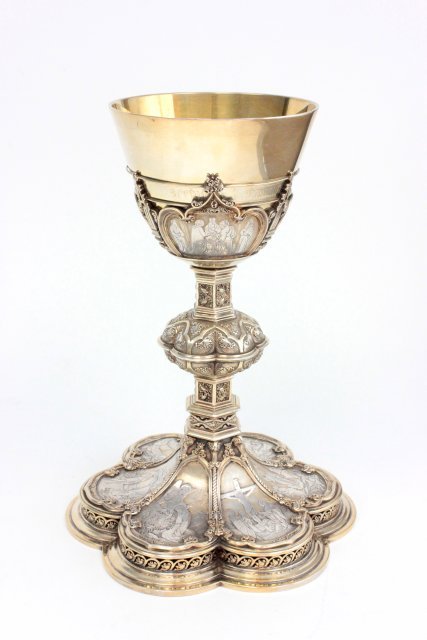 19th c. silver chalice signed H.L.: 9 different "Religeous Scenes", no decipherable hallmarks, continental, signed underneath. Approx. 9.5" H.