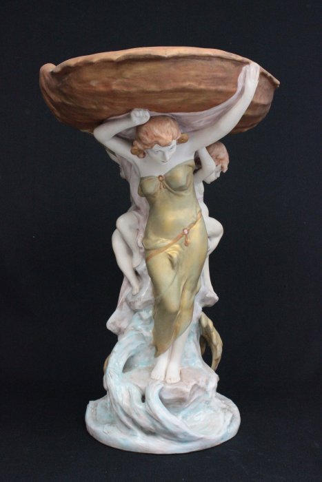 Royal Dux figural centerpiece: Three angels holding up a sea shell with pink triangle mark(3378)