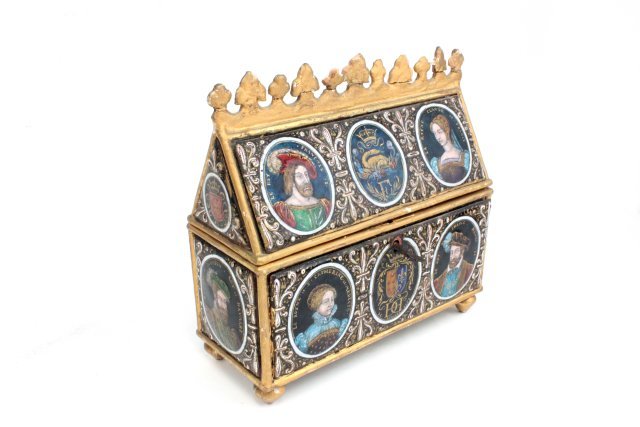Antique Royal Family enamel and gilt hinged casket: 19th c. French Limoges enamel marked giltwood coffer. 7 1/2" W. Condition: crest repaired, chips to gilding.